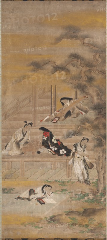The Four Pleasures, 17th century. Attributed to Iwasa Matabei (Japanese, 1578-1650). Hanging scroll, ink, color and gold on paper; image: 115.9 x 51.3 cm (45 5/8 x 20 3/16 in.); overall: 211.1 x 64 cm (83 1/8 x 25 3/16 in.); with knobs: 211.1 x 69.6 cm (83 1/8 x 27 3/8 in.).