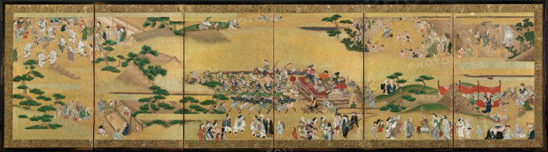 Festival Scenes, 17th century. Japan, Edo Period (1615-1868). One of a pair of six-panel folding screens; ink, color, gold, and gold leaf on paper; image: 51.1 x 208.9 cm (20 1/8 x 82 1/4 in.).