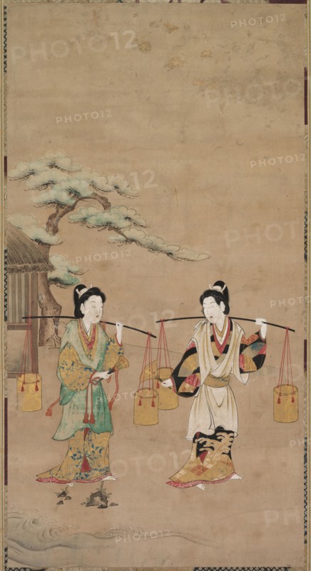Scene from a Noh Play, early 18th century. Japan, Kyoto school, Edo Period (1615-1868). Hanging scroll; ink, color and gold on paper; overall: 158.8 x 62.2 cm (62 1/2 x 24 1/2 in.); painting only: 77.2 x 40.7 cm (30 3/8 x 16 in.).