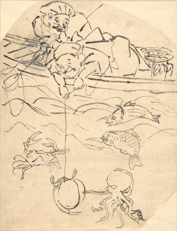 Daikoku and Ebisu, Two of the Seven Gods of Happiness. Utagawa Kuniyoshi (Japanese, 1797-1861). Ink on paper; sheet: 31.3 x 24.2 cm (12 5/16 x 9 1/2 in.).