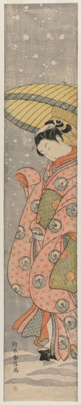 Young Woman Standing Under an Umbrella in the Snow, 1767-1768. Suzuki Harunobu (Japanese, 1724-1770). Color woodblock print; pillar print; sheet: 71.1 x 12.7 cm (28 x 5 in.).