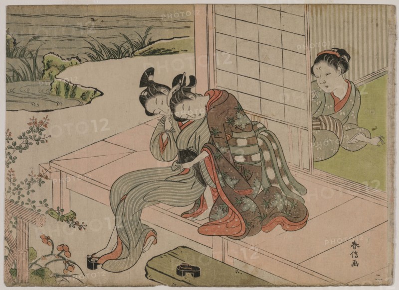 Woman Watching Young Couple Embrace on a Veranda, late 1760s. Suzuki Harunobu (Japanese, 1724-1770). Color woodblock print; sheet: 20.8 x 28.7 cm (8 3/16 x 11 5/16 in.).