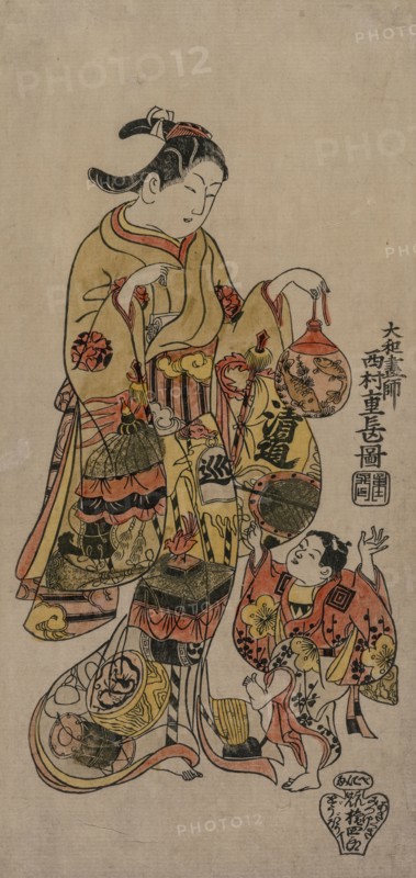 Child Reaching for a Fishbowl, c. mid 1720s. Nishimura Shigenaga (Japanese, 1697?-1756). Hand-colored woodblock print; sheet: 33.7 x 15.9 cm (13 1/4 x 6 1/4 in.).