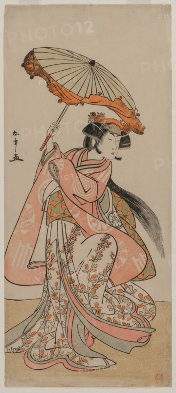 The Actor Segawa Kikunojo II Dancing with a Parasol, late 1770s. Katsukawa Shunsho (Japanese, 1726-1792). Color woodblock print; image: 33.3 x 14.6 cm (13 1/8 x 5 3/4 in.).