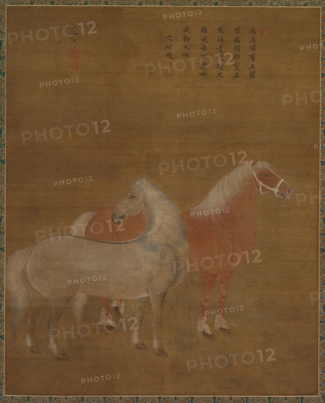 Two Horses, 1644-1911. Attributed to Yu Yuan (Chinese, active 1700s). Hanging scroll, ink and color on silk; overall: 61 x 49.2 cm (24 x 19 3/8 in.); mounted: 172.6 x 68 cm (67 15/16 x 26 3/4 in.).