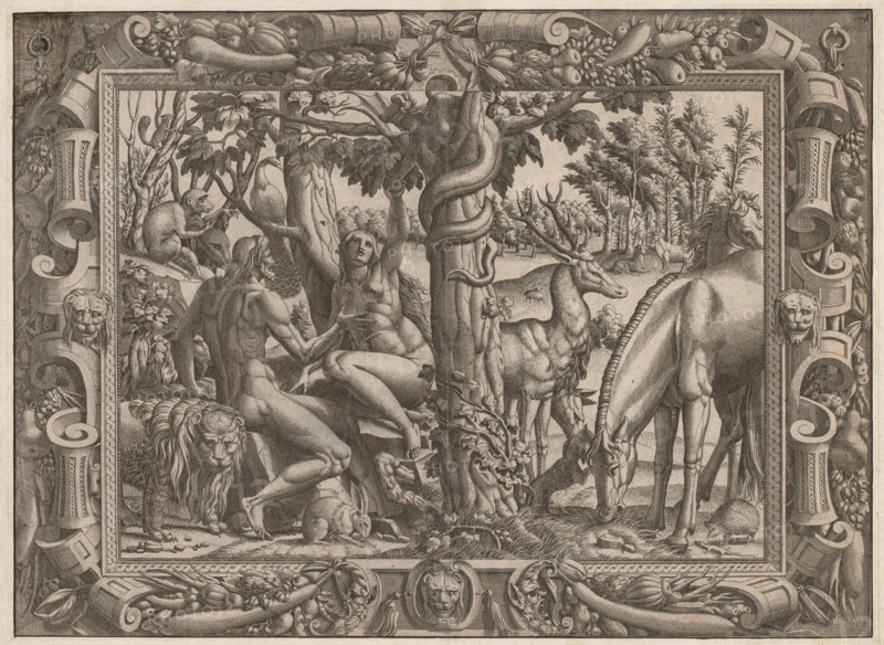 The Temptation of Eve, c. 1545/1547. Jean Mignon (French), after Luca Penni (Italian, 1500/04-1557). Etching; sheet: 42.7 x 58.4 cm (16 13/16 x 23 in.); secondary support: 48.9 x 69.5 cm (19 1/4 x 27 3/8 in.)