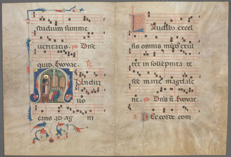 Bifolium from an Antiphonary: Initial M with Saint Dominic Preaching, c. 1320-1340. Primo Miniatore di San Domenico (Italian). Ink, tempera, and gold on parchment; sheet: 51 x 37.7 cm (20 1/16 x 14 13/16 in.)