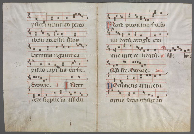 Bifolium from an Antiphonary: Music, c. 1320-1340. Primo Miniatore di San Domenico (Italian). Ink, tempera, and gold on parchment; sheet: 51 x 37.7 cm (20 1/16 x 14 13/16 in.)