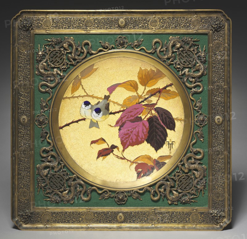 Plaque: Two Birds on a Thorny Bough, 1879. Fernand Thesmar (French, 1843-1912). Cloisonné and painted enamel mounted in gilt metal frame; framed: 50.7 x 50.7 cm (19 15/16 x 19 15/16 in.); diameter: 28.9 cm (11 3/8 in.).