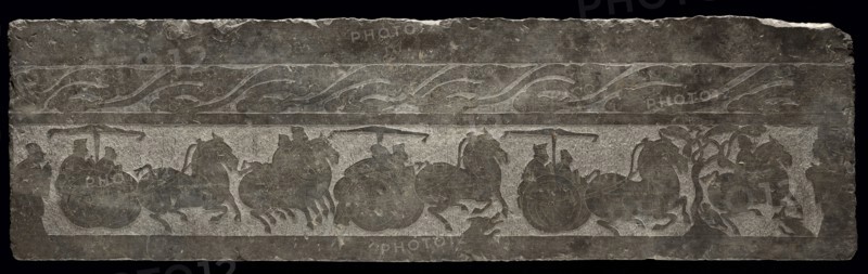 Funerary Relief with Chariot Procession, 2nd Century. China, style of Wu Family Shrines, Chia-hsiang district, Shantung, Eastern Han dynasty (25-220). Stone carved in low relief with engraved detail; overall: 47.8 x 116.4 x 14 cm (18 13/16 x 45 13/16 x 5 1/2 in.).