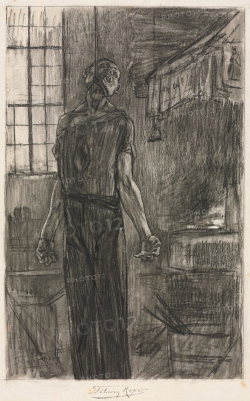 The Hanged Man in the Forge, c. 1880. Félicien Rops (Belgian, 1833-1898). Black chalk? and black crayon with stumping (scratched away in places); framing lines in black chalk?; sheet: 27.8 x 22 cm (10 15/16 x 8 11/16 in.); image: 20.9 x 13.3 cm (8 1/4 x 5 1/4 in.).