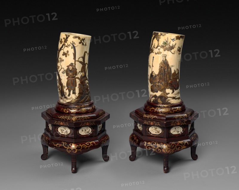 Ivory Tusk Vases, c1800s. Japan, 19th century. Carved ivory, pigment; overall: 27 cm (10 5/8 in.); base: 20 cm (7 7/8 in.).