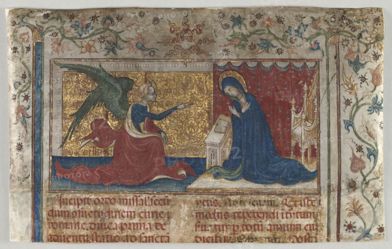 Half Leaf from a Missal: The Annunciation, c. 1415. France, Avignon, 15th century. Ink, tempera, and gold on parchment; sheet: 24.8 x 15.3 cm (9 3/4 x 6 in.)