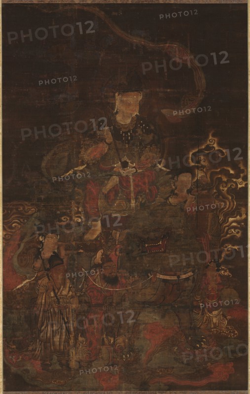Monju and Attendants, 1200s. Japan, Kamakura period (1185-1333). Hanging scroll; ink and color on silk; image: 96 x 60.5 cm (37 13/16 x 23 13/16 in.); overall: 195.6 x 88.9 cm (77 x 35 in.).
