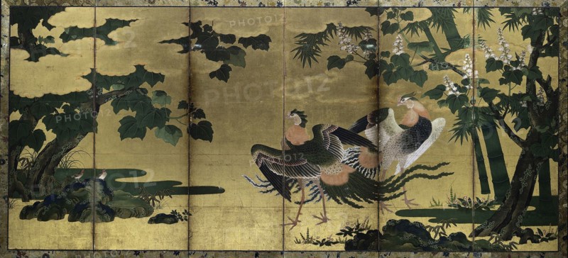 Phoenixes and Paulownia, late 1500s. Attributed to Tosa Mitsuyoshi (Japanese, 1539-1613). One of a pair of six-panel screens; ink, color, and gold on gilded paper; image: 160.5 x 362 cm (63 3/16 x 142 1/2 in.).