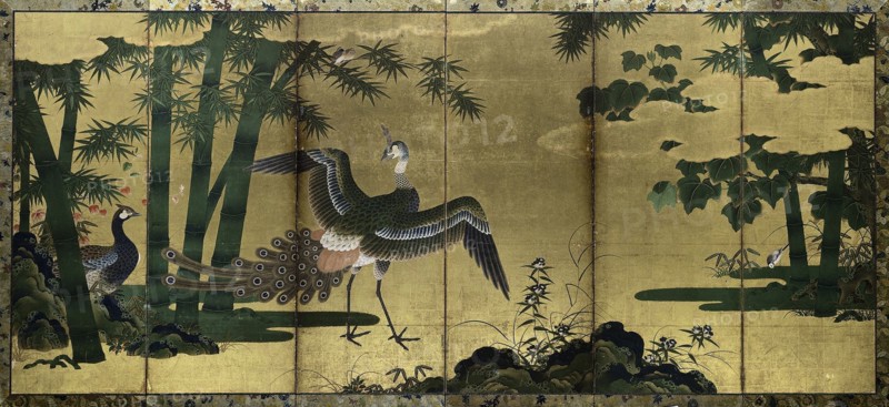 Peacocks and Bamboo, late 1500s. Attributed to Tosa Mitsuyoshi (Japanese, 1539-1613). One of a pair of six-panel screens; ink, color, and gold on gilded paper; image: 160.5 x 362 cm (63 3/16 x 142 1/2 in.).