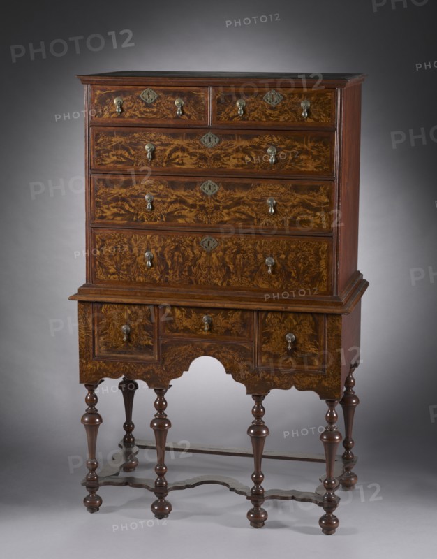Highboy, 1700-1720. America, Massachusetts, William and Mary style, 18th century. Burled maple veneer with walnut herringbone bandings; overall: 158.4 x 94 x 52.8 cm (62 3/8 x 37 x 20 13/16 in.).