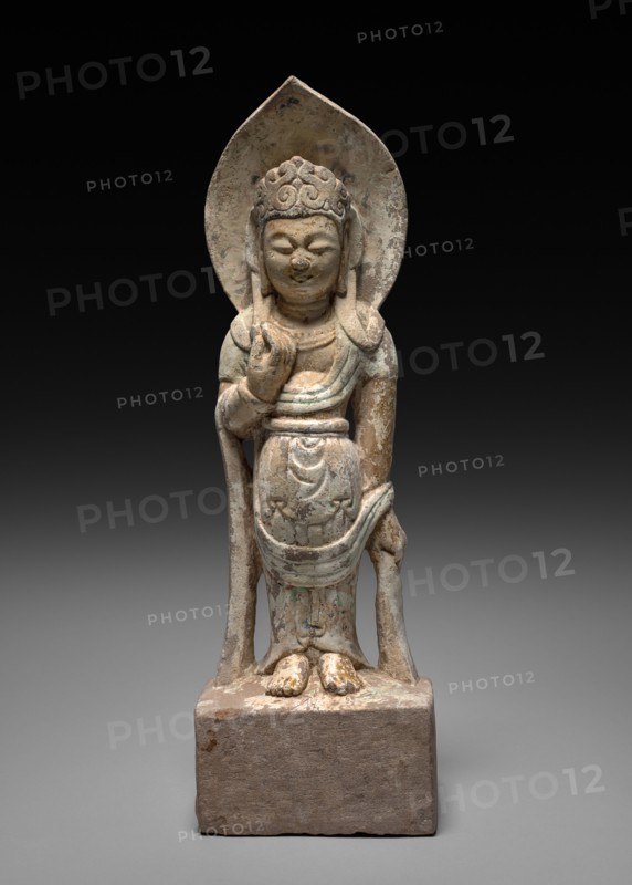 Bodhisattva, late 6th - early 7th Century. China, Sui dynasty (581-618) - Tang dynasty (618-907). Stone with polychromy and gilding; overall: 40.2 cm (15 13/16 in.).