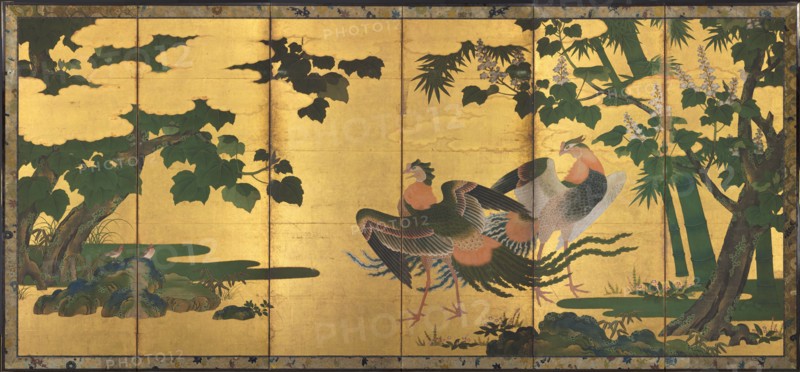 Peafowl and Phoenixes, late 1500s. Attributed to Tosa Mitsuyoshi (Japanese, 1539-1613). Pair of six-panel screens; ink, color, and gold on gilded paper; overall: 173.1 x 374.4 cm (68 1/8 x 147 3/8 in.); overall: 175.9 x 377.2 cm (69 1/4 x 148 1/2 in.).