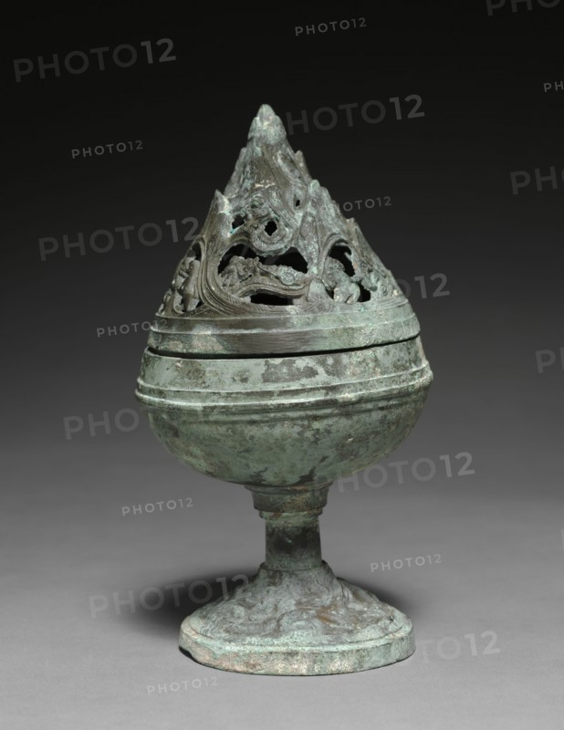 Incense Burner (Boshan Lu), 200-100 BC. China, Western Han dynasty (202 BC-AD 9). Bronze; diameter: 9.9 cm (3 7/8 in.); overall: 18.4 cm (7 1/4 in.); lid: 7.8 x 9.1 cm (3 1/16 x 3 9/16 in.); container: 11.3 cm (4 7/16 in.).