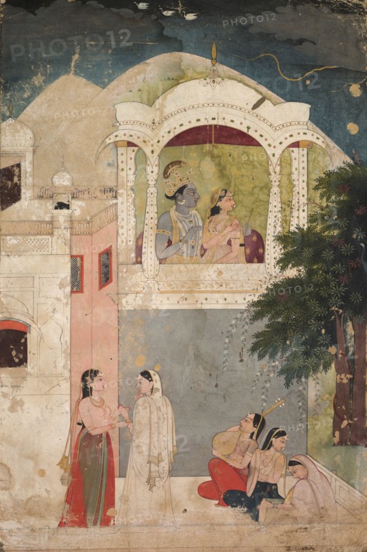 Radha and Krishna Seated on a Balcony, c. 1760. India, Guler School, 18th century. Color on paper; overall: 32.5 x 20.6 cm (12 13/16 x 8 1/8 in.).