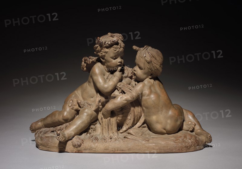 Putti Representing Earth and Water, 1865. Albert-Ernest Carrier-Belleuse (French, 1824-1887). Terracotta; overall: 25.2 x 41.1 cm (9 15/16 x 16 3/16 in.); base: 4.3 x 41.9 x 17.8 cm (1 11/16 x 16 1/2 x 7 in.)