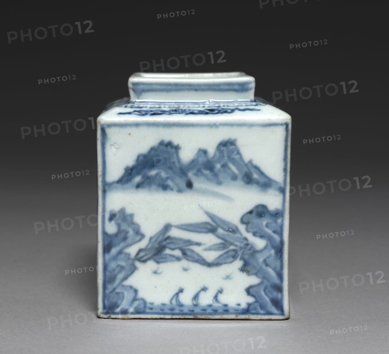 Square-shaped Bottle with the Scenery of the Han River, 1800s. Korea, Joseon dynasty (1392-1910). Porcelain with underglaze cobalt blue decoration