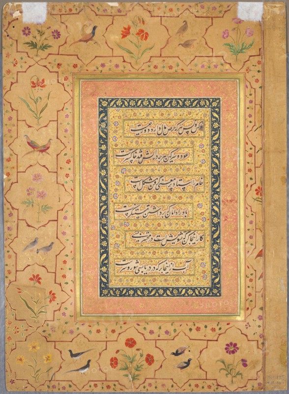 Page from the Late Shah Jahan Album: Calligraphy Framed by an Ornamental Border with Poppies and Pairs of Birds, c. 1653. India, Mughal court, reign of Shah Jahan (1628-1658), Mughal Dynasty (1526-1756), 17th Century. Opaque watercolor, gold, and ink on paper; overall: 37.8 x 27.3 cm (14 7/8 x 10 3/4 in.).