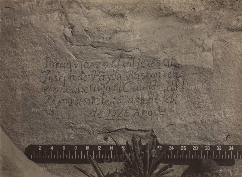 Geographical & Geological Explorations and Surveys West of the 100th Meridian Expedition of 1873, led by Lt. George M. Wheeler: Historic Spanish Record of the Conquest, South Side of Inscription Rock, N.M., No. 3, 1873. Timothy H. O'Sullivan (American, 1840-1882), The War Department, Corps of Engineers, U.S. Army. Albumen print from wet collodion negative; image: 20.5 x 27.6 cm (8 1/16 x 10 7/8 in.); matted: 45.7 x 55.9 cm (18 x 22 in.)