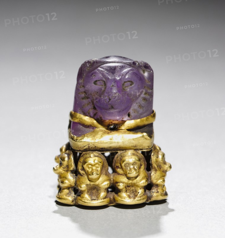 Pendant, c. 700 BC. Sudan, Napatan; lion's head component, Egypt, probably New Kingdom, Late Period, Dynasty 25. Amethyst and gold; overall: 3.5 x 2.9 x 2.7 cm (1 3/8 x 1 1/8 x 1 1/16 in.)