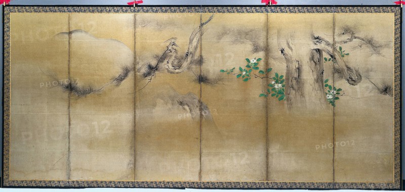 Pine and Camellias, c. 1600. Yusho Kaiho (Japanese, 1533-1615). Pair of six-fold screens, ink, color and gold on paper; image: 157 x 357.6 cm (61 13/16 x 140 13/16 in.); overall: 169.6 x 370.2 cm (66 3/4 x 145 3/4 in.); panel: 169.6 x 61.7 cm (66 3/4 x 24 5/16 in.); with frame: 173.2 x 373.8 cm (68 3/16 x 147 3/16 in.).