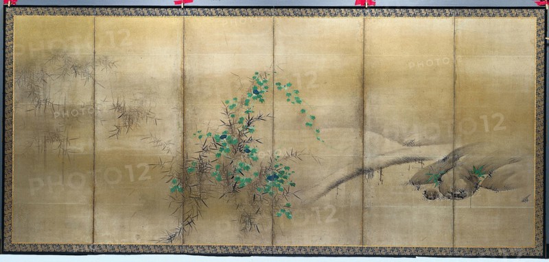 Bamboo and Morning Glories, c. 1600. Yusho Kaiho (Japanese, 1533-1615). Pair of six-fold screens, ink, color and gold on paper; image: 157 x 358.2 cm (61 13/16 x 141 in.); overall: 169.6 x 370.8 cm (66 3/4 x 146 in.); panel: 169.6 x 61.6 cm (66 3/4 x 24 1/4 in.); with frame: 173.2 x 374.4 cm (68 3/16 x 147 3/8 in.).