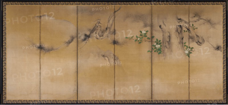 Pine and Camellias; Bamboo and Morning Glories, c. 1600. Yusho Kaiho (Japanese, 1533-1615). Pair of six-fold screens; ink, color and gold on paper; overall: 174 x 376 cm (68 1/2 x 148 1/16 in.).