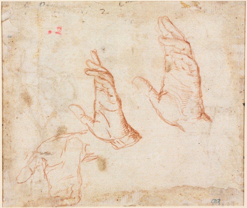Study of Hands (verso), c. 1590. Camillo Procaccini (Italian, 1546-1629). Red chalk; sheet: 16.5 x 19.4 cm (6 1/2 x 7 5/8 in.); secondary support: 26.7 x 30.7 cm (10 1/2 x 12 1/16 in.).