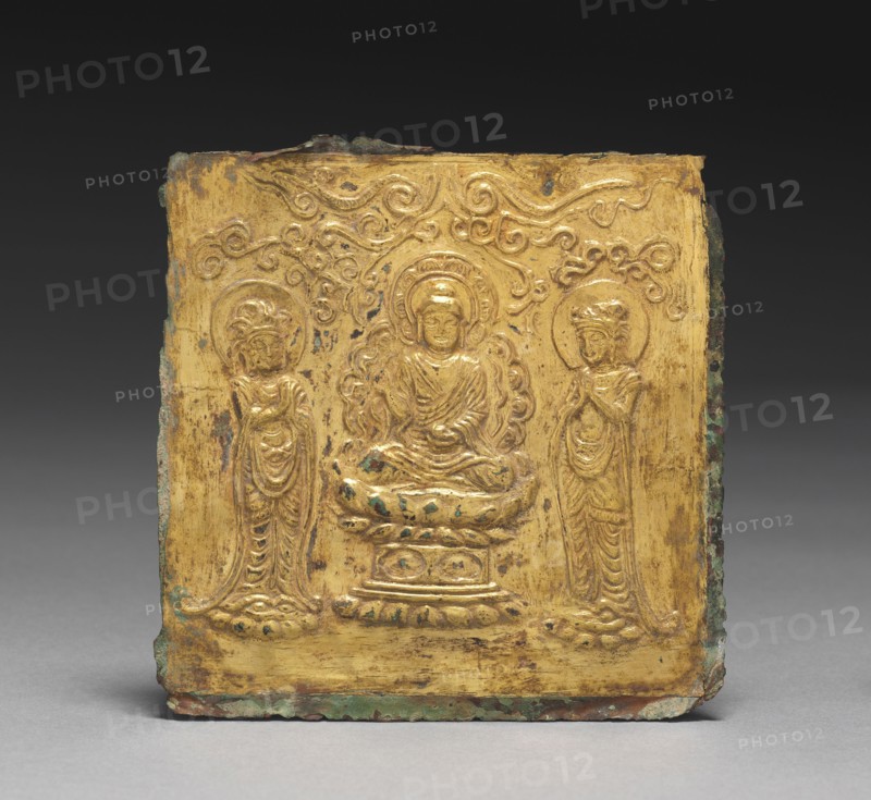 Plaque with the Image of Amitabha Triad, 668-935. Korea, Unified Silla period (676-935). Embossed copper plate covered with gold leaf; overall: 11.5 x 11 cm (4 1/2 x 4 5/16 in.).