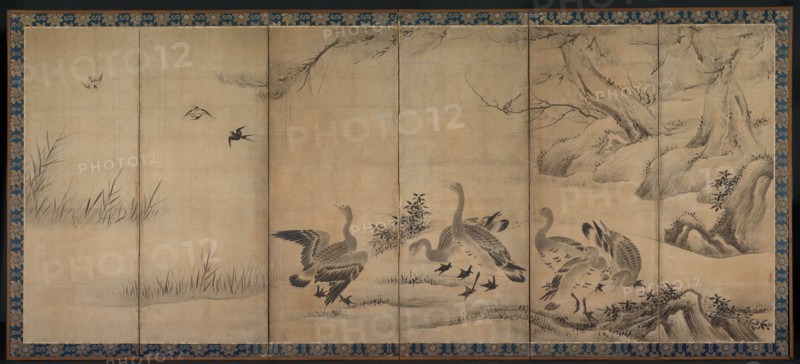 Wild Geese, late 1500s-early 1600s. Kano Sanraku (Japanese, 1559-1635). Pair of six-fold screens; ink on paper; image: 152 x 359 cm (59 13/16 x 141 5/16 in.); overall: 170.2 x 371.8 cm (67 x 146 3/8 in.).