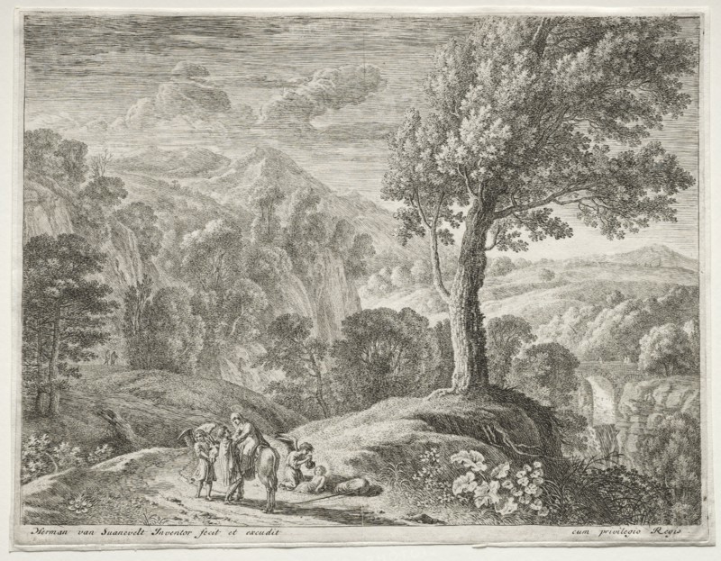 The Flight into Egypt: The Large Tree and the Cascade, c. 1652-1654. Herman van Swanevelt (Dutch, c. 1600-1655). Etching and engraving