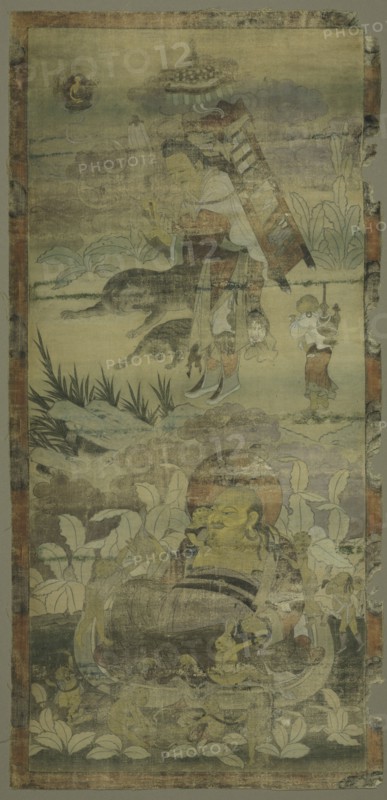 Lohans, c. 1300-1350. Sino-Tibetan, Yuan dynasty (1271-1368). Color and gold on cotton; overall: 72.5 x 34.7 cm (28 9/16 x 13 11/16 in.).