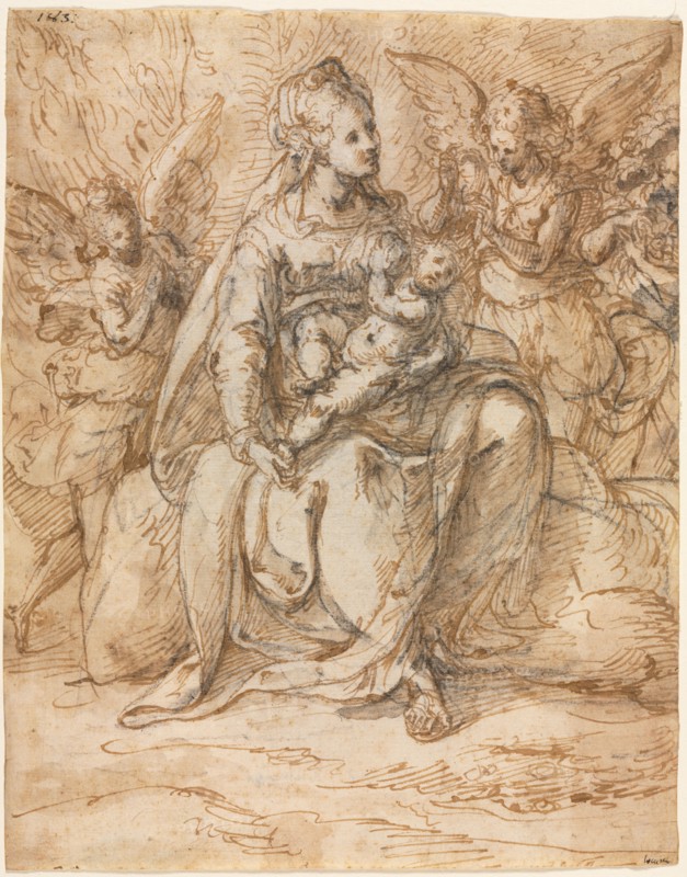 Madonna and Child with Angels, late 1500s. Aurelio Luini (Italian, 1530-1593). Pen and brown ink and brush and brown wash over black chalk (extended with brush and water in places); pricked; sheet: 23.9 x 18.7 cm (9 7/16 x 7 3/8 in.).