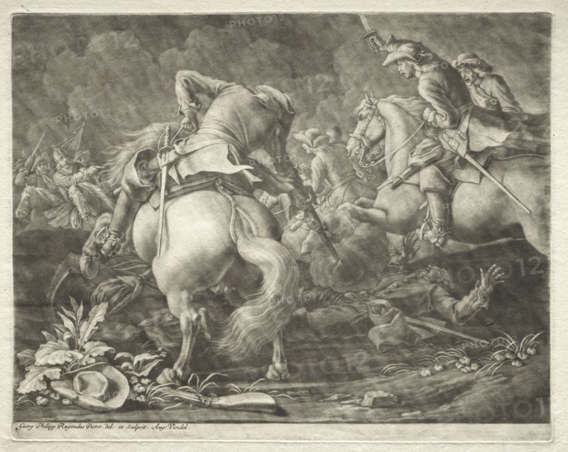 Skirmish between Prussian and Hungarian Hussars. Georg Philipp I Rugendas (German, 1666-1742). Mezzotint