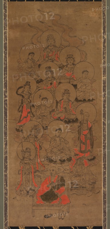 Twelve Buddhas and Kobo Daishi (Jusanbutsu), late 17th century. Japan, Edo period (1615-1868). Stencil print (Kappa-zuri); ink and color on paper; overall: 139.7 x 40.7 cm (55 x 16 in.); painting only: 56.5 x 24 cm (22 1/4 x 9 7/16 in.).