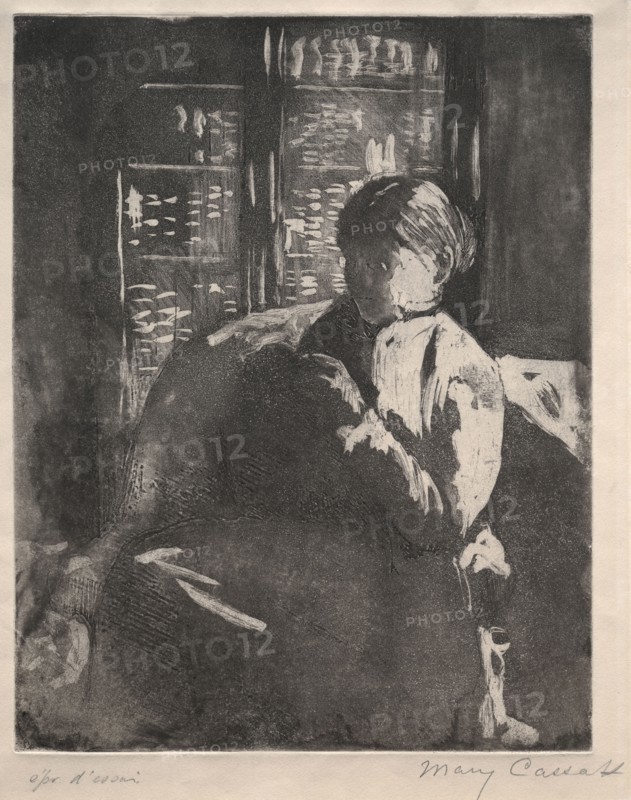 Knitting in the Library, c. 1881. Mary Cassatt (American, 1844-1926). Soft-ground etching and aquatint