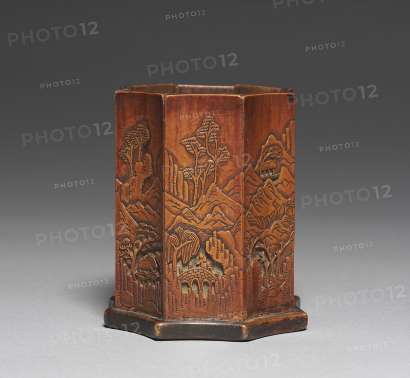 Brush Holder with Bamboo and Landscape Design, 1800s. Korea, Joseon dynasty (1392-1910). Carved bamboo; overall: 10.1 x 9 cm (4 x 3 9/16 in.).