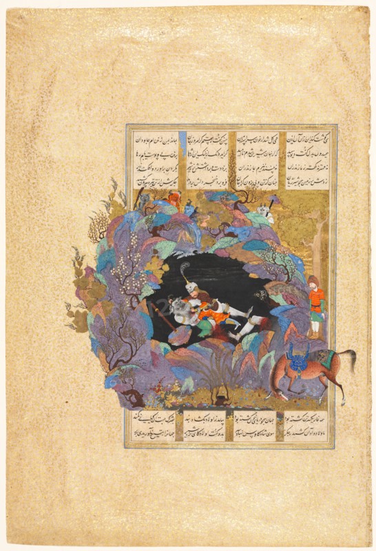 Rustam's seventh course: He kills the White Div, folio 124 from a Shah-nama (Book of Kings) of Firdausi (Persian, about 934-1020), 1522-1537. Attributed to Abd al-Vahhab (Persian, active about 1516), attributed to Mir Musavvir (Iranian, c. 1510-1555). Opaque watercolor, gold, and silver on paper; sheet: 47.5 x 32.2 cm (18 11/16 x 12 11/16 in.); image: 28.4 x 18.5 cm (11 3/16 x 7 5/16 in.).