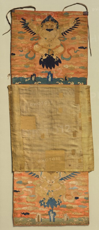 Vajrapani Embroidered Mount with Garuda, painting 1600s, embroidery c. 1300, Chöying Dorjé, the Tenth Black Hat Karmapa (Tibetan, 1604-1674)