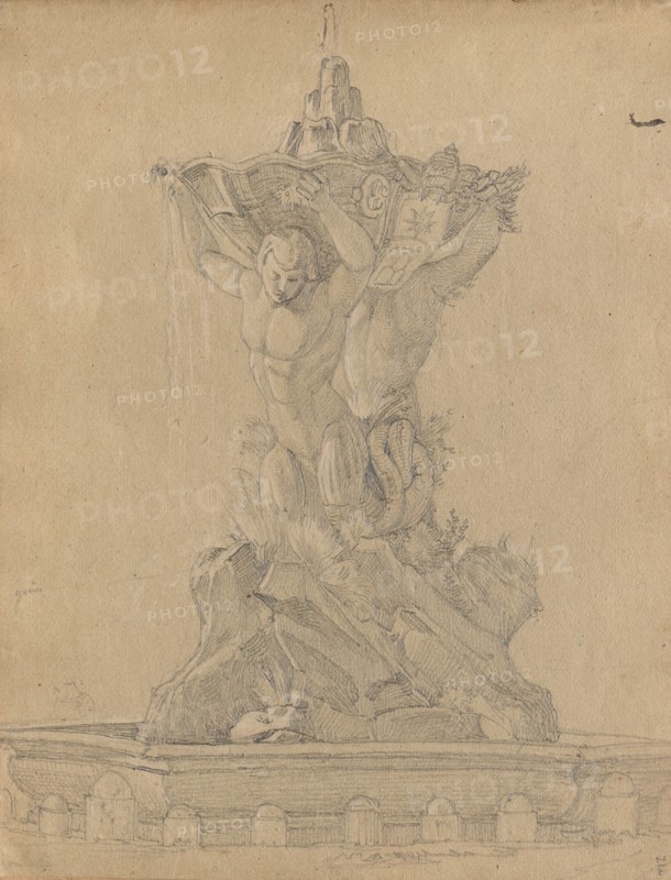 Album with Views of Rome and Surroundings, Landscape Studies, page 21a: Roman Fountian. Franz Johann Heinrich Nadorp (German, 1794-1876). Graphite with white heightening on brown paper