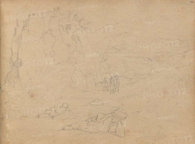 Album with Views of Rome and Surroundings, Landscape Studies, page 44a: Figures in a Landscape. Franz Johann Heinrich Nadorp (German, 1794-1876). Graphite on brown paper;