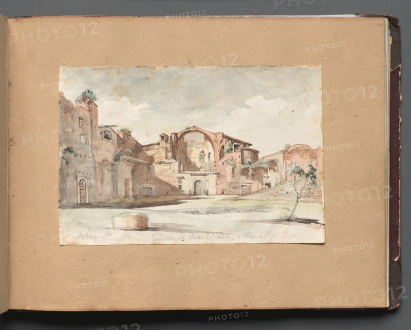 Album with Views of Rome and Surroundings, Landscape Studies, page 22a: "Terme di Diocleziano, Rome". Franz Johann Heinrich Nadorp (German, 1794-1876). Watercolor with graphite on white paper laid down on brown paper;