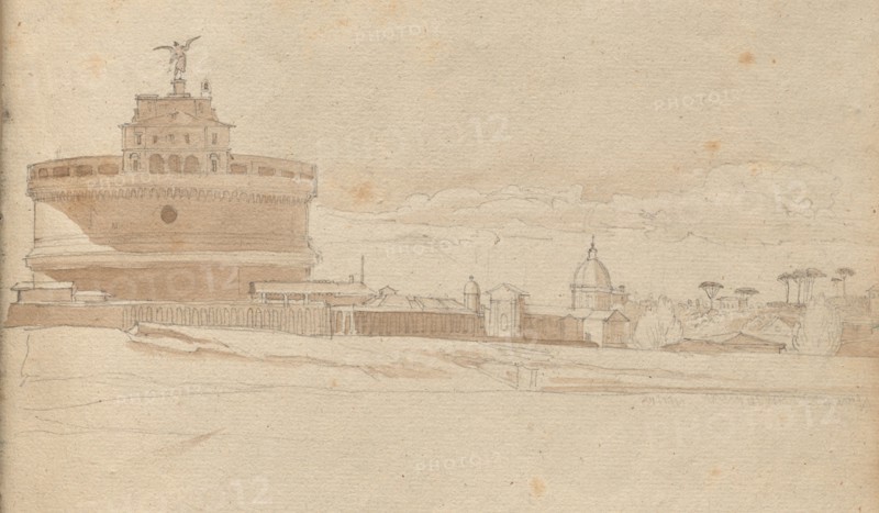 Album with Views of Rome and Surroundings, Landscape Studies, page 23a: Castle Saint Angelo, Rome. Franz Johann Heinrich Nadorp (German, 1794-1876). Graphite and brown wash