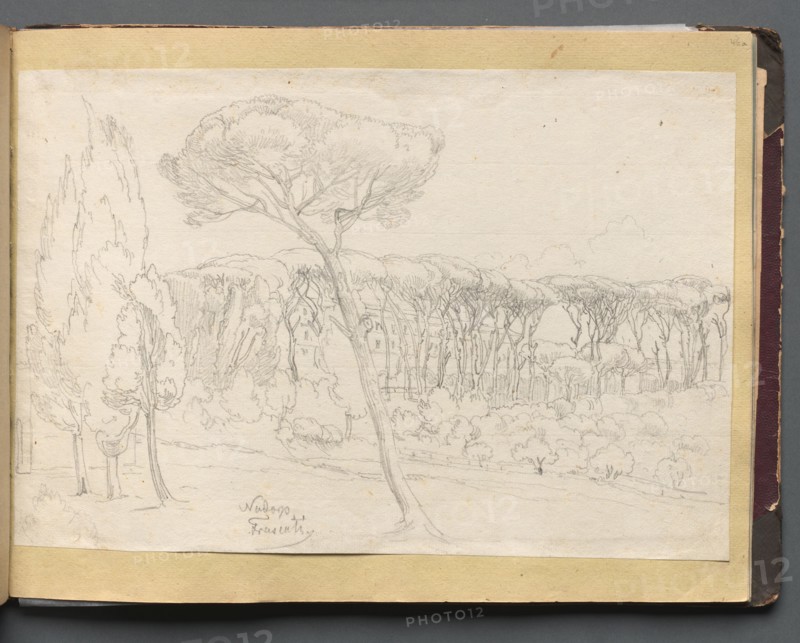 Album with Views of Rome and Surroundings, Landscape Studies, page 46a: "Frasciti". Franz Johann Heinrich Nadorp (German, 1794-1876). Graphite on white paper laid down on yellow paper;
